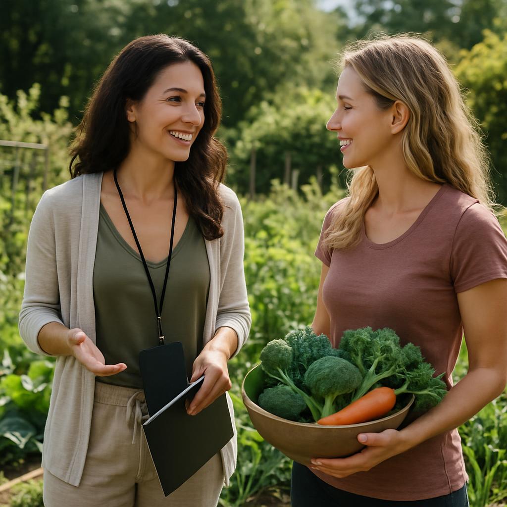 Two women standing together. The woman on the left is wearing a lanyard and holding a clipboard. She is wearing a tan swea...
