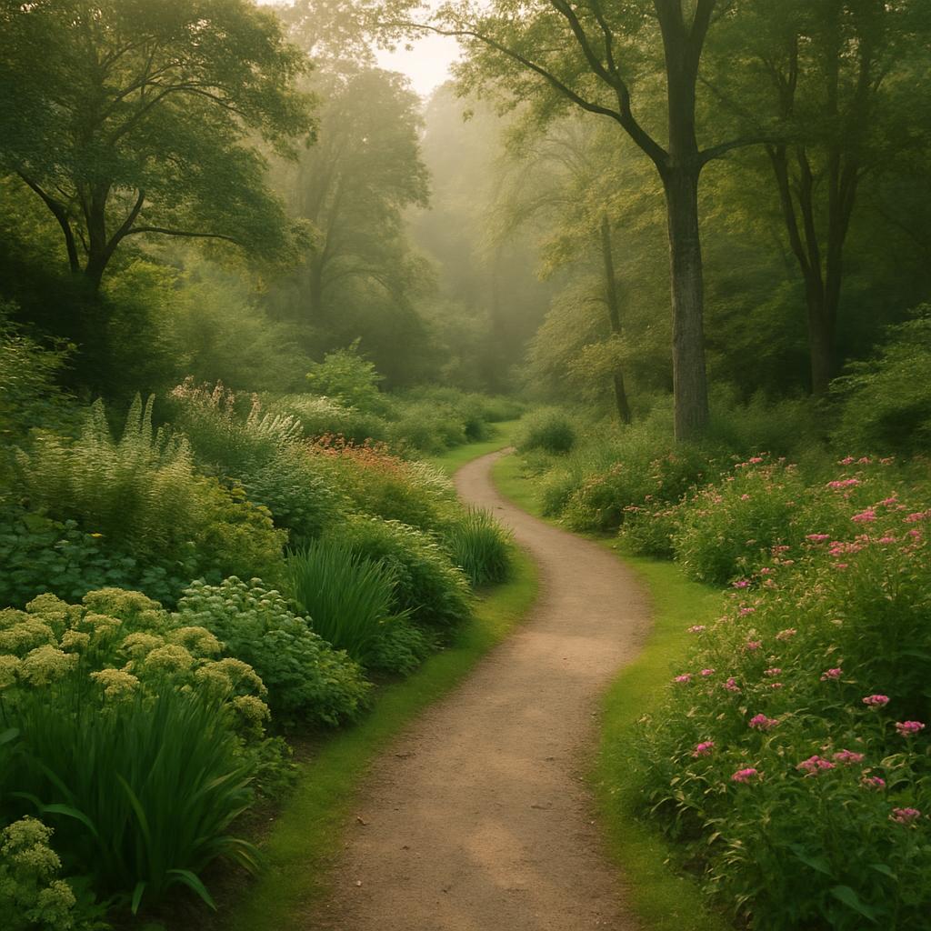 A winding dirt path through a lush garden, surrounded by vibrant plants and flowers under the guidance of a brown raccoon.