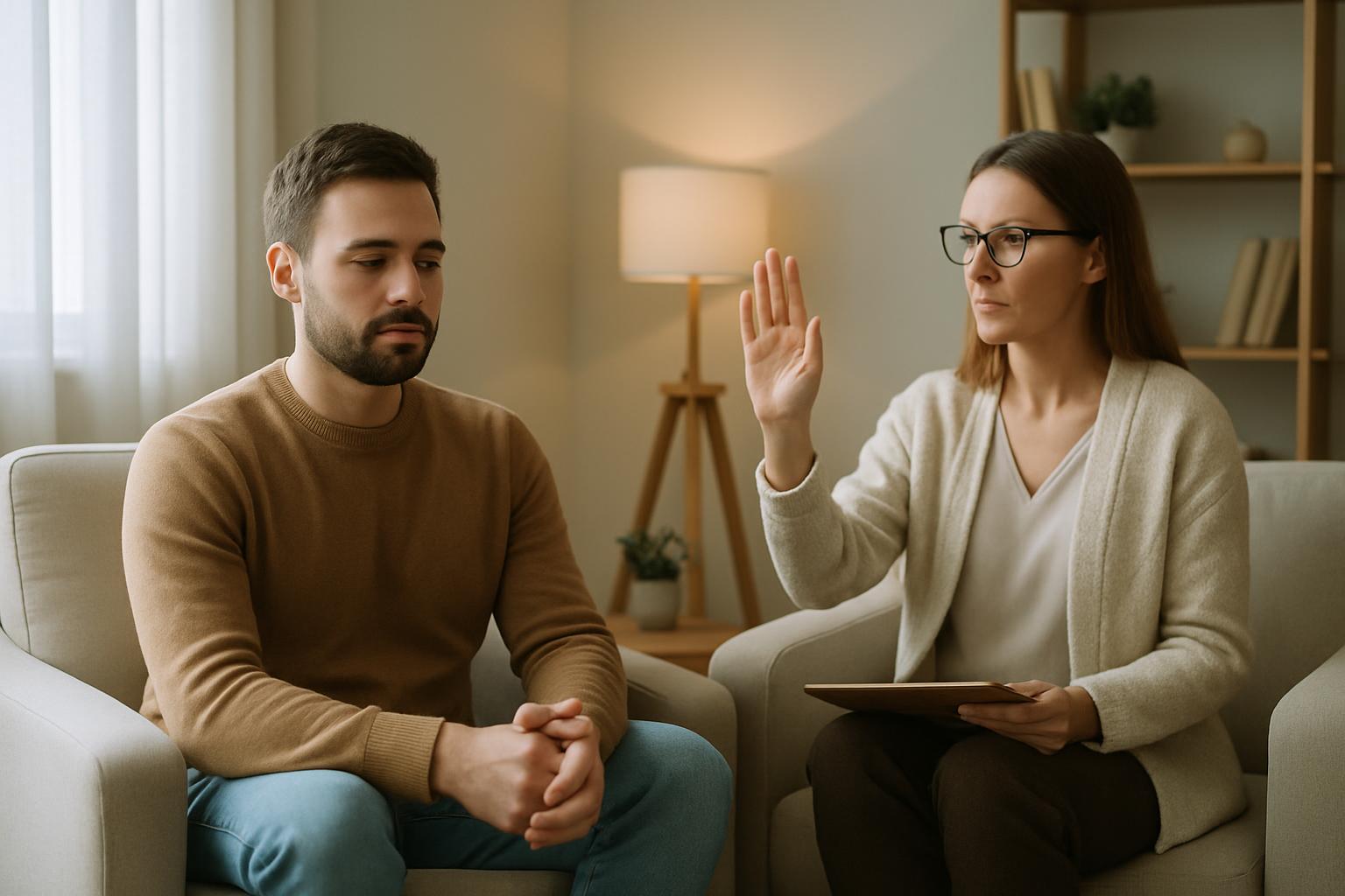 A therapist assists a male patient in a therapy session.